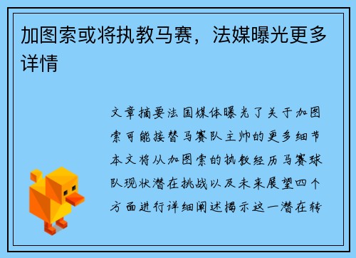 加图索或将执教马赛，法媒曝光更多详情